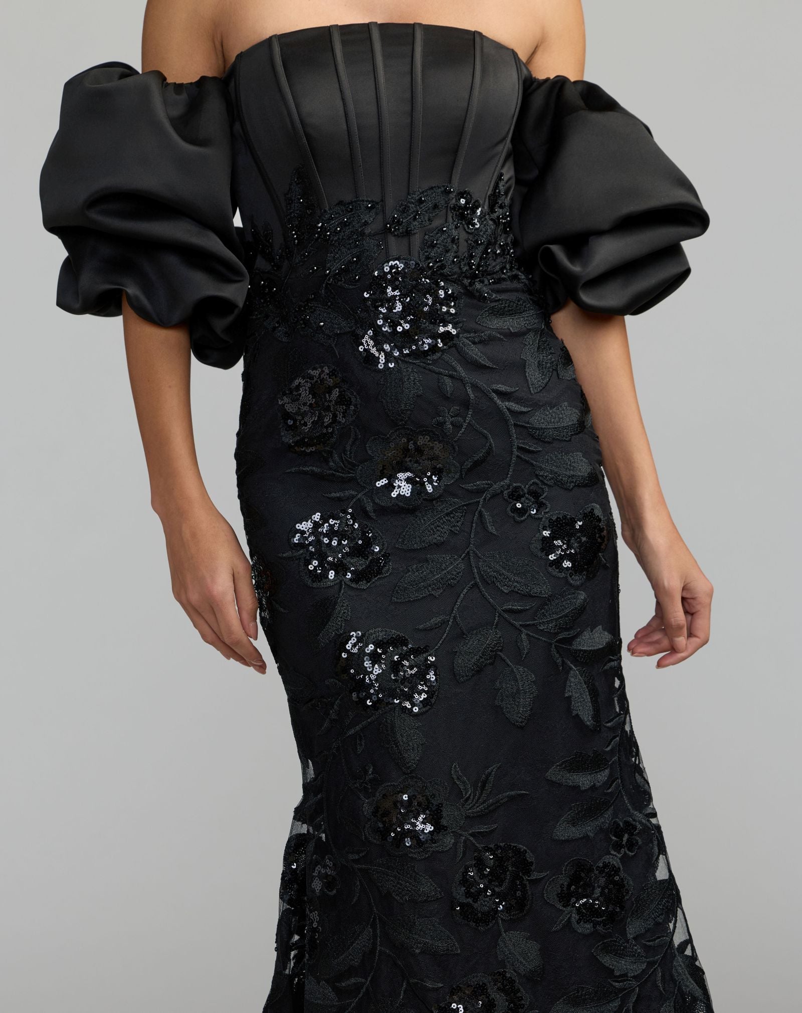 Mac Duggal #21260 black satin off the shoulder embroidered mermaid gown - embroidery detail