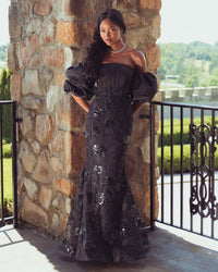 Mac Duggal #21260 black satin off the shoulder embroidered mermaid gown - lifestyle