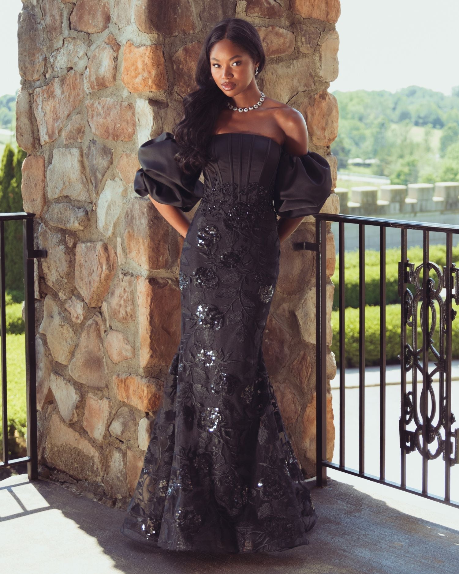 Mac Duggal #21260 black satin off the shoulder embroidered mermaid gown - lifestyle