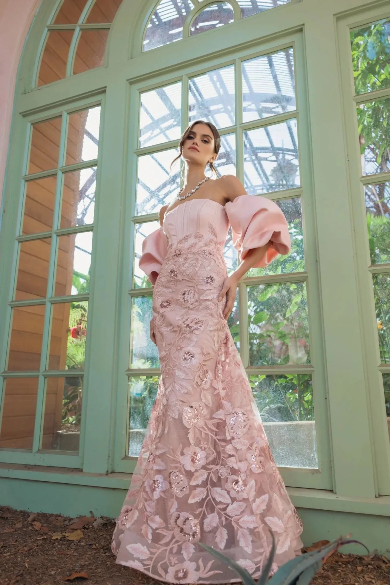 Mac Duggal #21260 rose satin off the shoulder embroidered mermaid gown - lifestyle