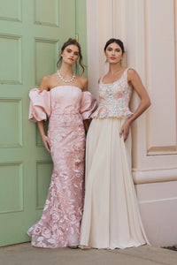 Mac Duggal Beige Embroidered Peplum Top With Chiffon Skirt Gown #21317