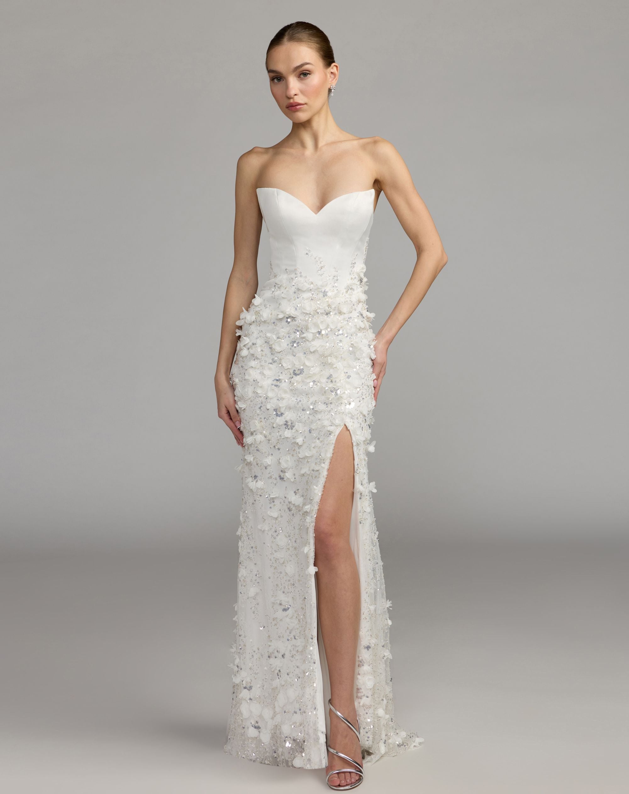Mac Duggal #21261 Ivory 3D floral strapless sweetheart gown with slit