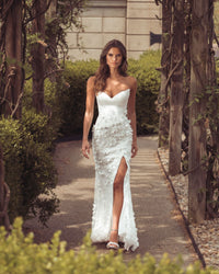 Mac Duggal #21261 ivory 3D floral strapless sweetheart gown with slit