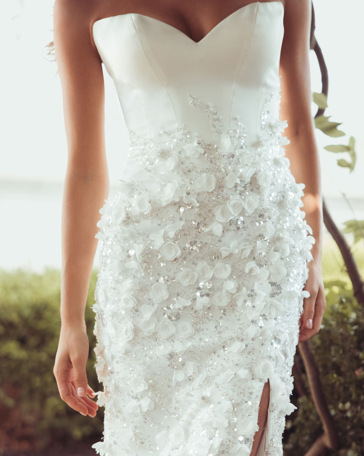 Mac Duggal #21261 ivory 3D floral strapless sweetheart gown with slit