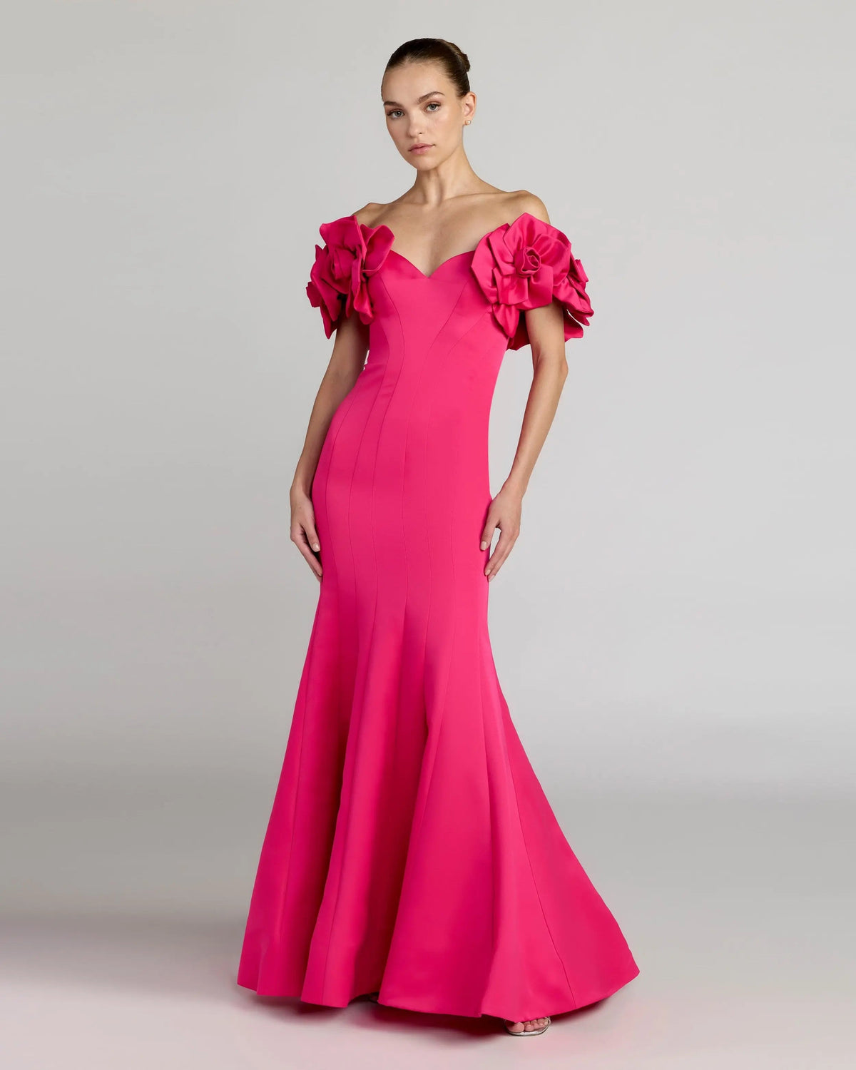 Mac Duggal 21263 Hot Pink off the shoulder gown with 3D floral sleeves - Front
