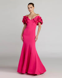 Mac Duggal 21263 Hot Pink off the shoulder gown with 3D floral sleeves - Front