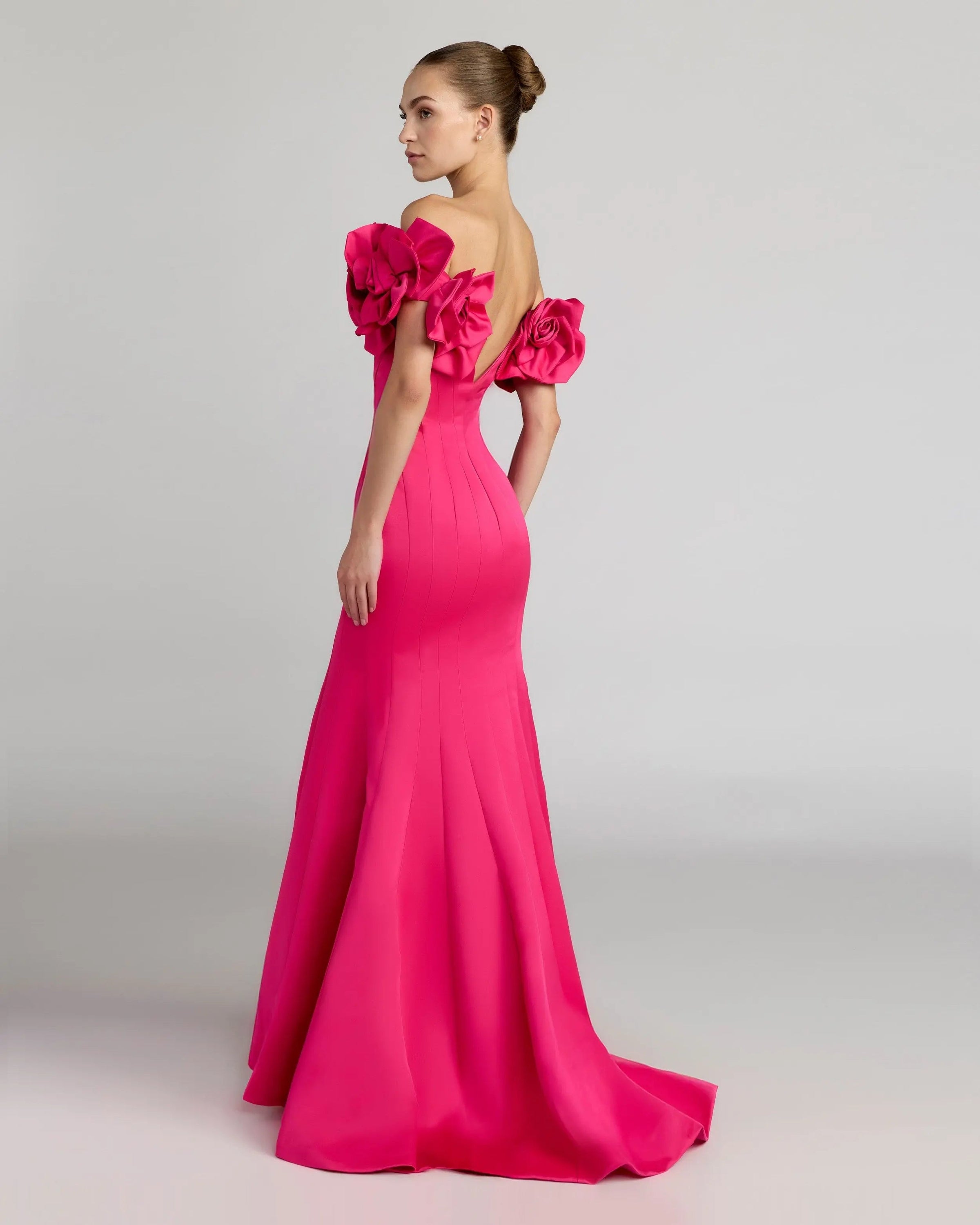 Mac Duggal 21263 Hot Pink off the shoulder gown with 3D floral sleeves - Back view