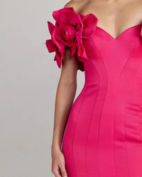 Mac Duggal 21263 Hot Pink off the shoulder gown with 3D floral sleeves - Close up detail