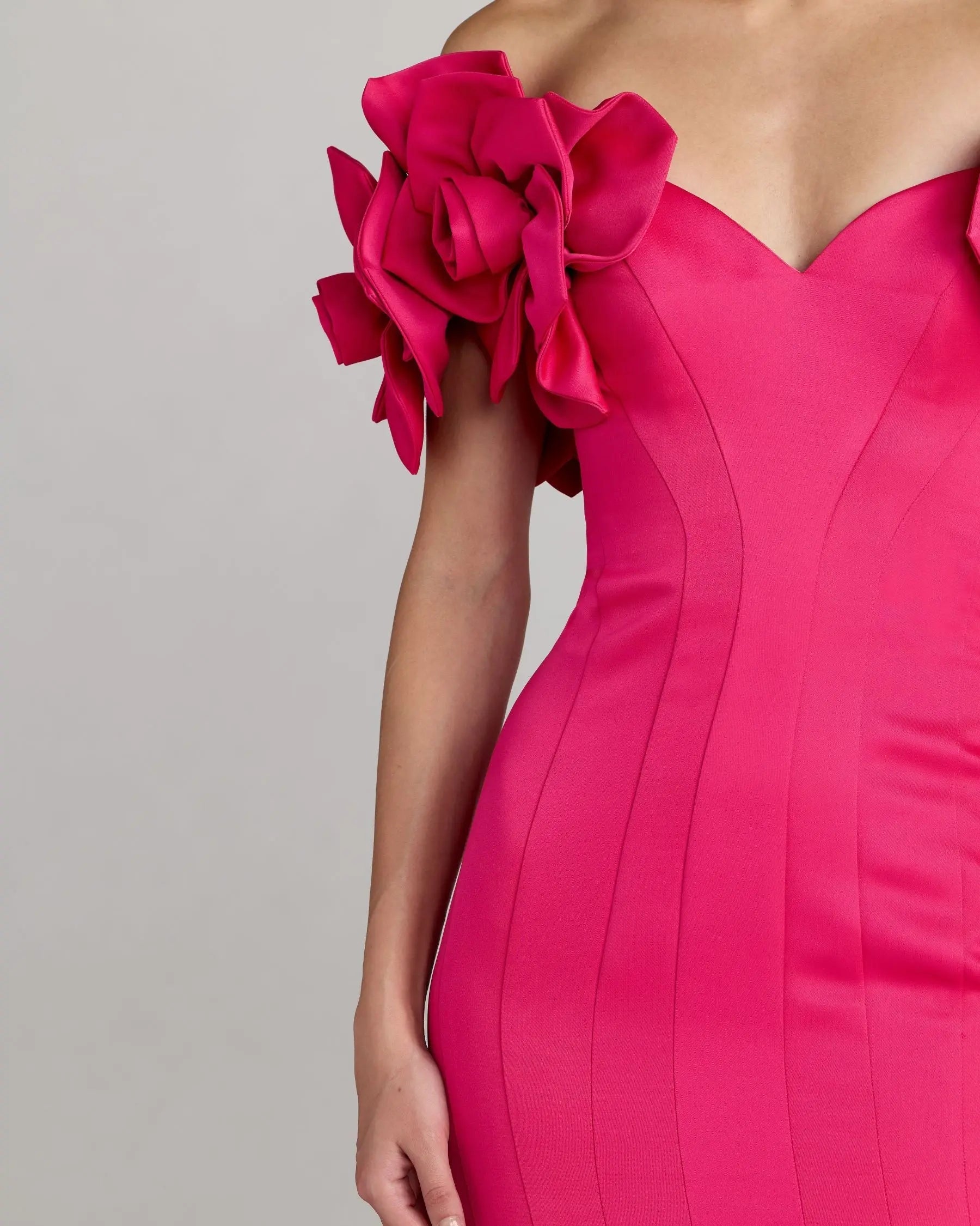 Mac Duggal 21263 Hot Pink off the shoulder gown with 3D floral sleeves - Close up detail