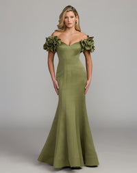 Green Off The Shoulder Gown With 3D Floral Sleeves