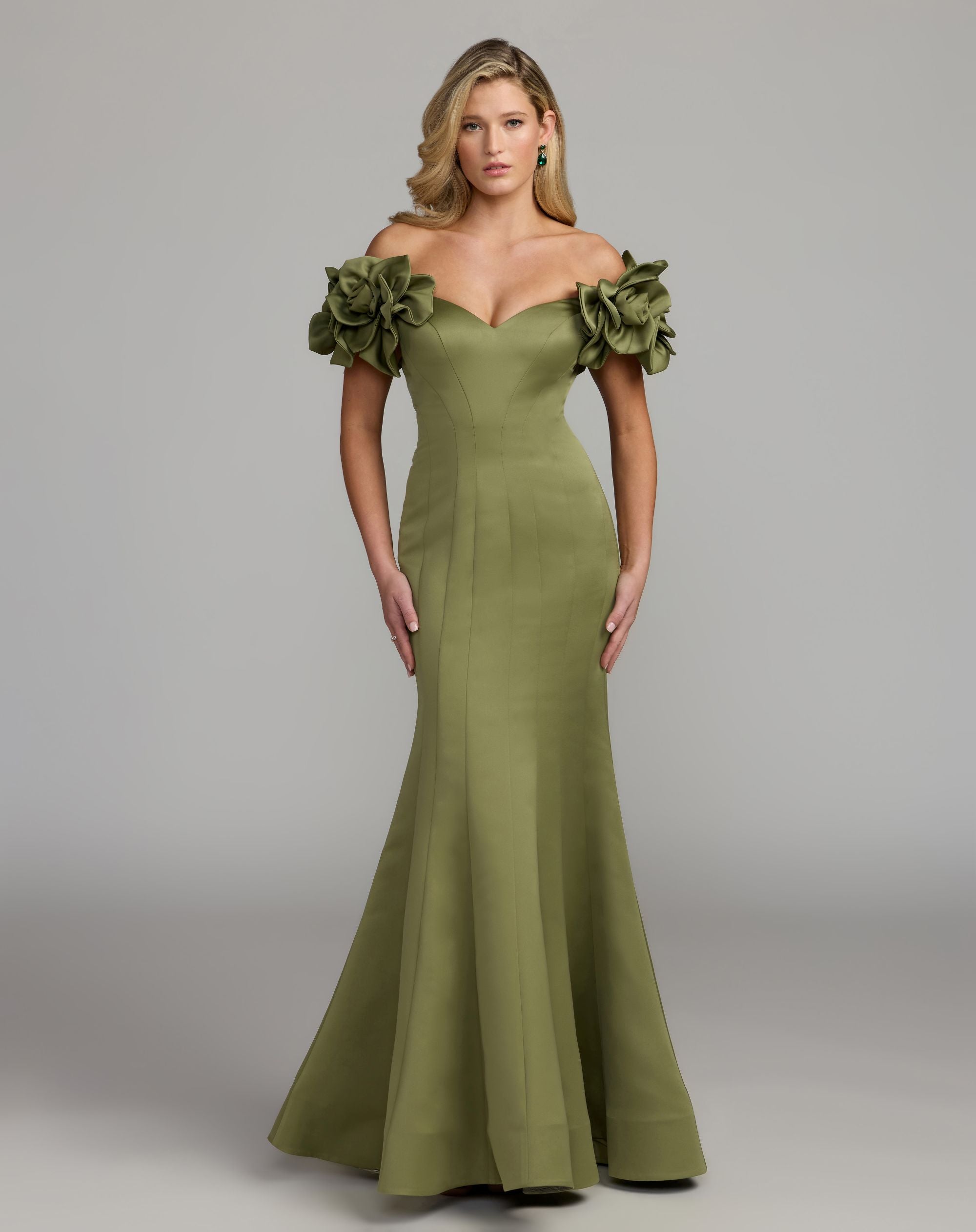 Green Off The Shoulder Gown With 3D Floral Sleeves