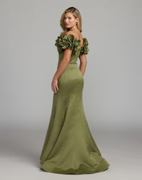 Green Off The Shoulder Gown With 3D Floral Sleeves - Back