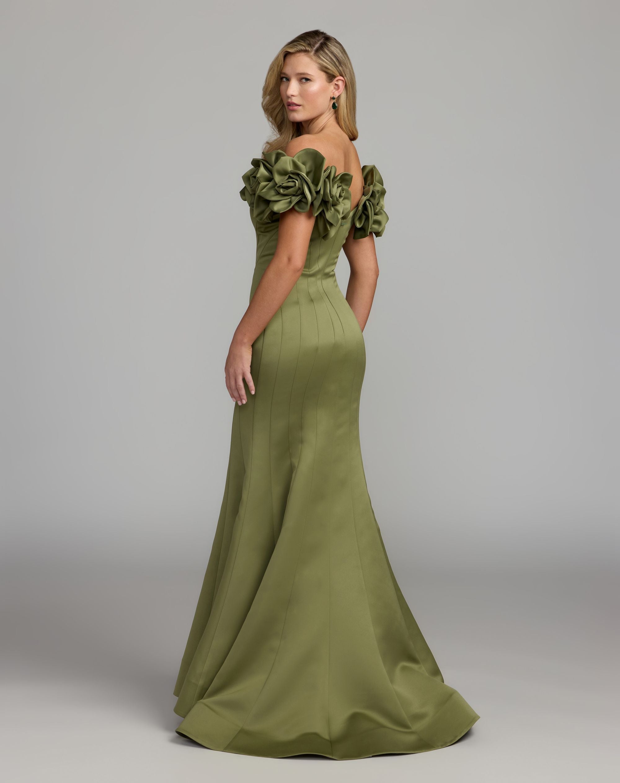 Green Off The Shoulder Gown With 3D Floral Sleeves - Back