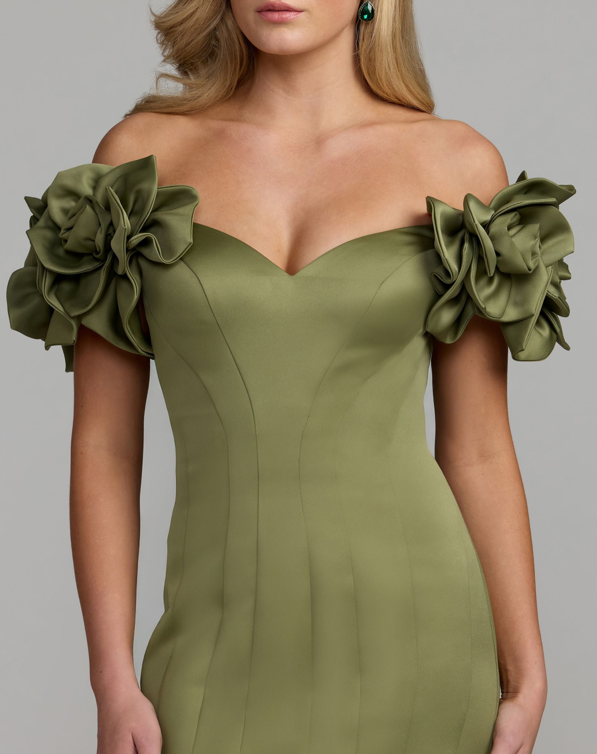 Green Off The Shoulder Gown With 3D Floral Sleeves - Close Up