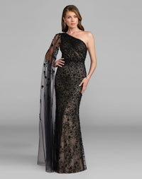 Mac Duggal #21269 black embellished lace one shoulder gown with cape sleeve