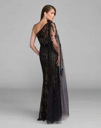 Mac Duggal #21269 black embellished lace one shoulder gown with cape sleeve back view