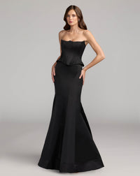 Mac Duggal #21270 black strapless satin corset peplum gown