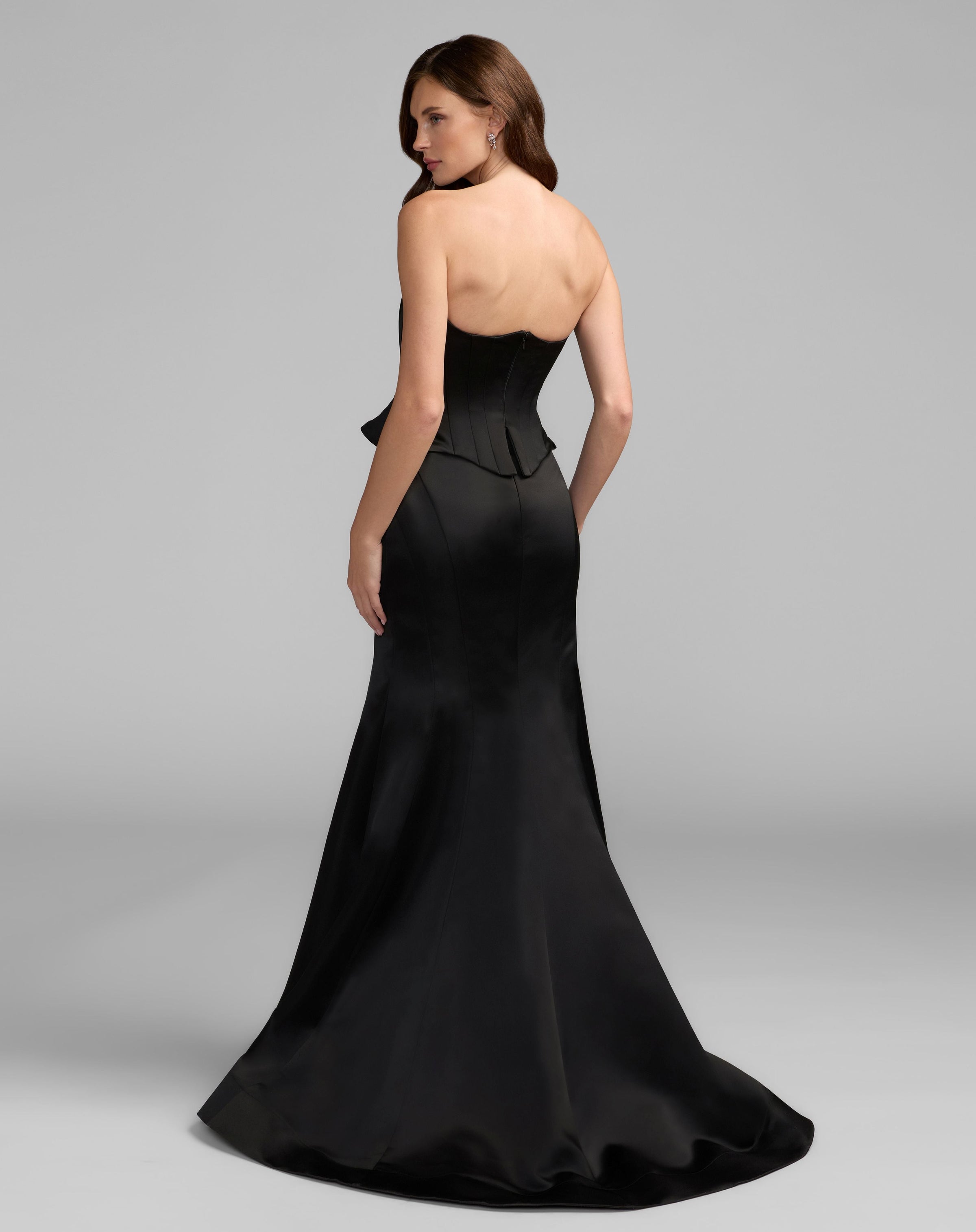 Mac Duggal #21270 black satin mermaid gown back view with train