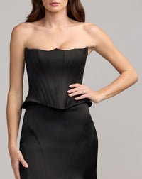 Mac Duggal #21270 black satin gown corset bodice and peplum detail