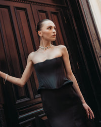 Mac Duggal #21270 black satin corset peplum gown alternate lifestyle shot