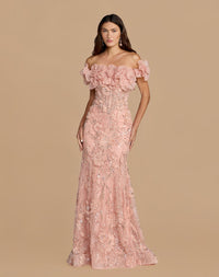 Full-length studio shot of the blush embellished lace mermaid gown with 3D floral rosettes.
