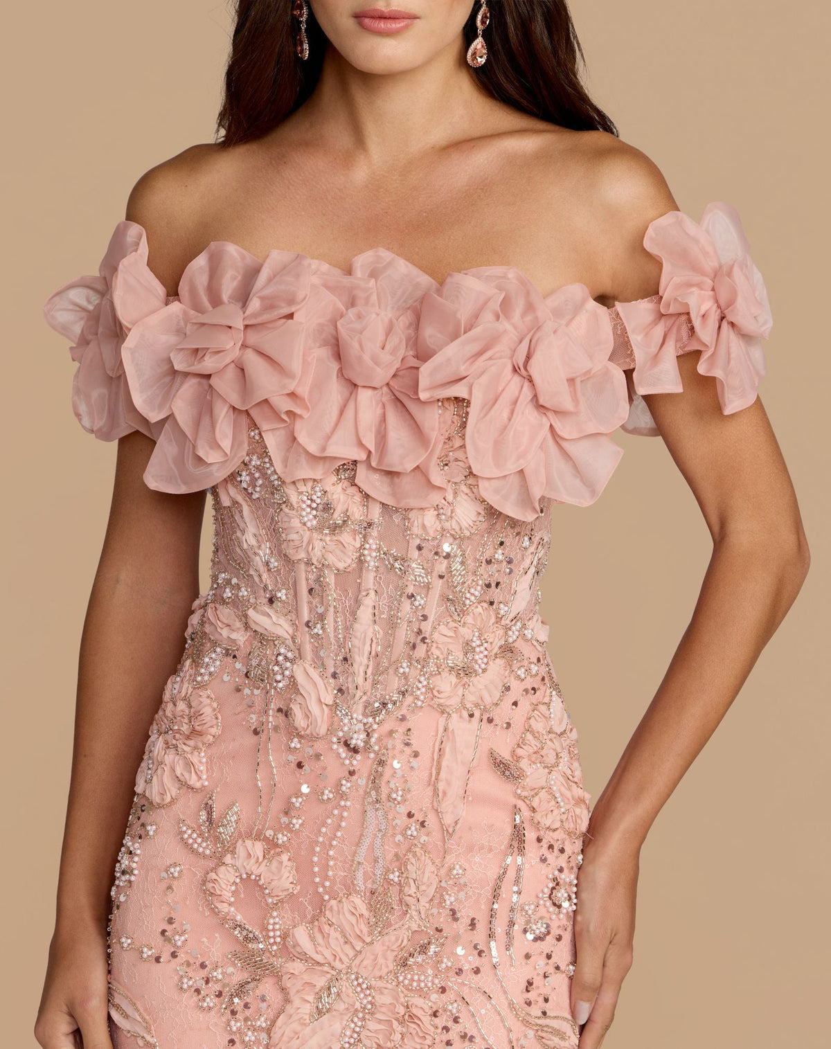 Detailed close-up of the bustier bodice featuring intricate beading, pearls, and sequin work on the blush gown.
