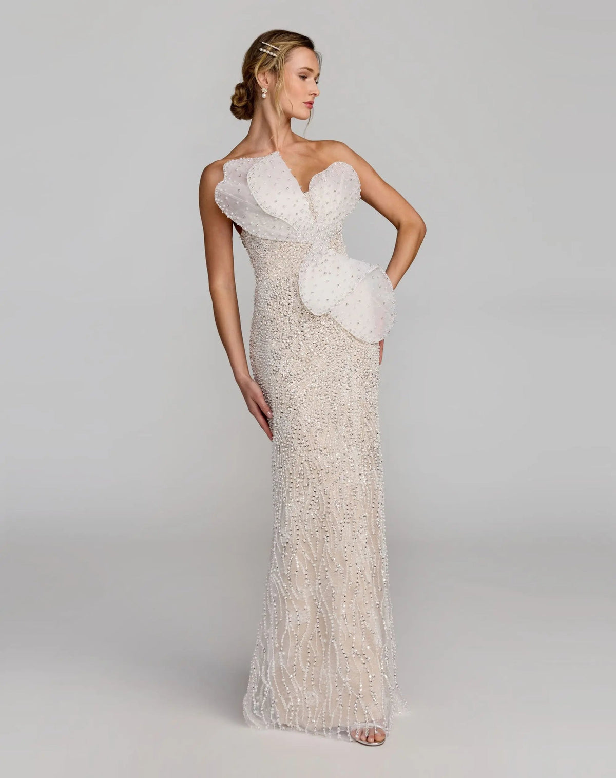 Mac Duggal Ivory Strapless Embellished Column Gown With 3D Petals #21275 Ivory Nude