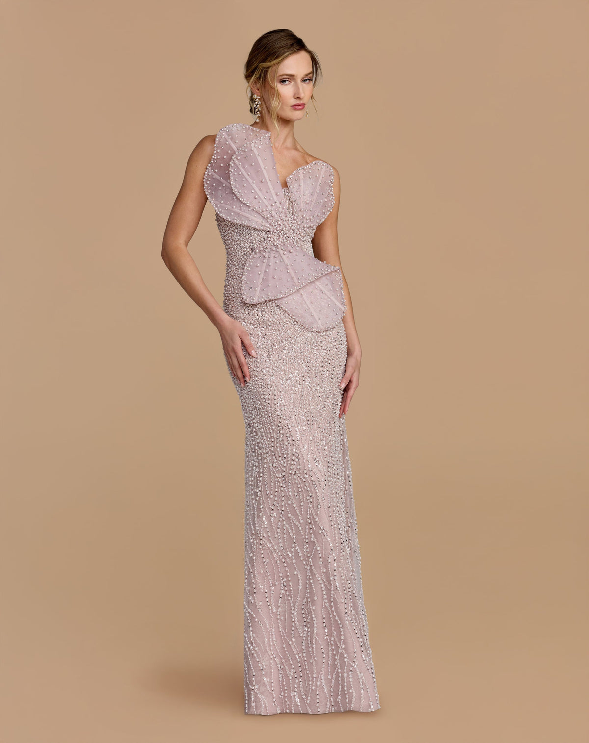 Mac Duggal Purple Strapless Embellished Column Gown With 3D Petals #21275 Mocha
