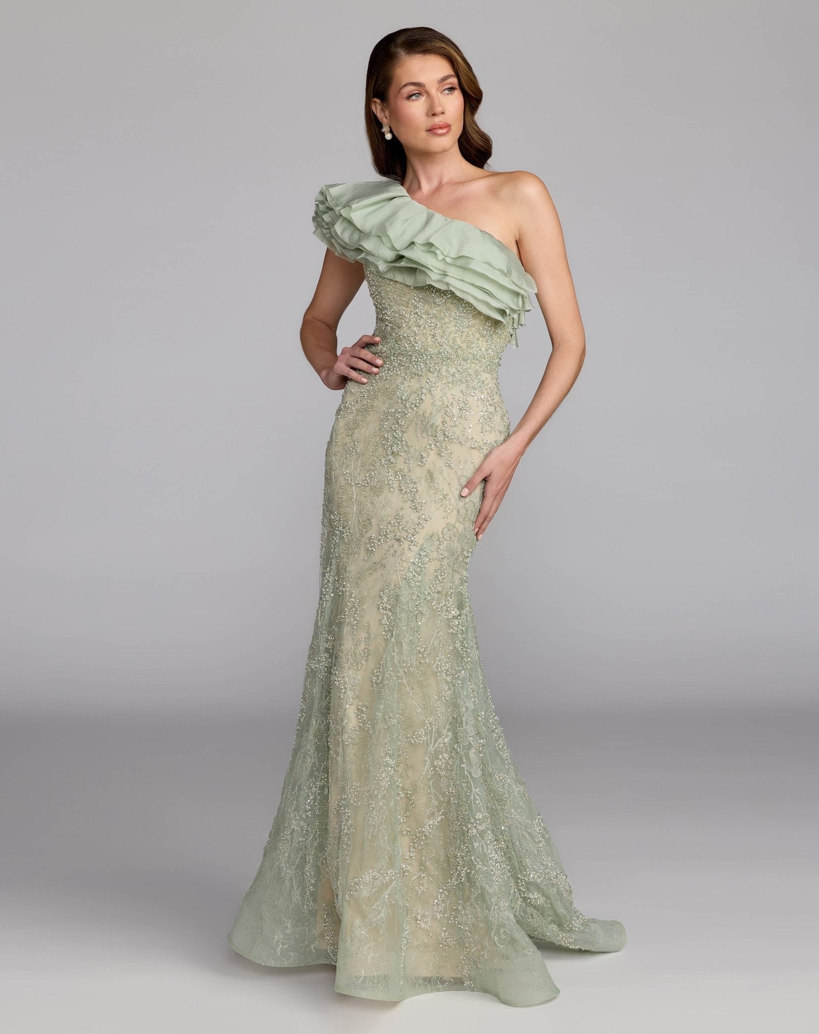 Embellished Lace One Shoulder Trumpet Gown
