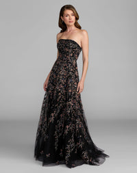 Mac Duggal #21281 black multi strapless floral embroidered a-line gown