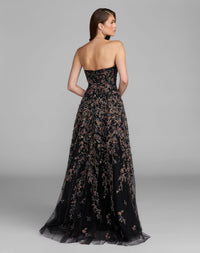 Mac Duggal #21281 black multi strapless floral embroidered a-line gown back view
