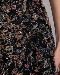 Mac Duggal #21281 black multi strapless floral embroidered a-line gown close-up