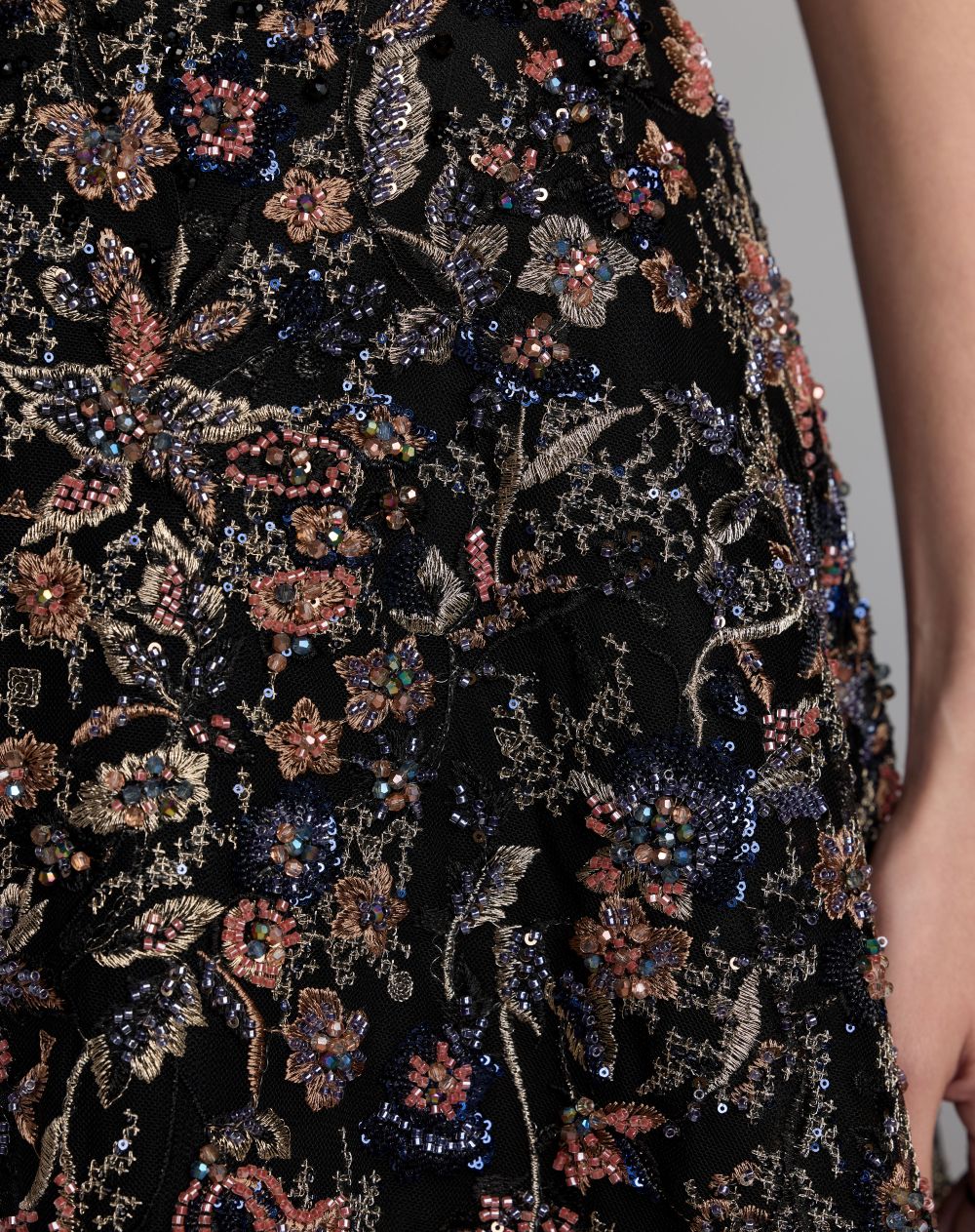 Mac Duggal #21281 black multi strapless floral embroidered a-line gown close-up