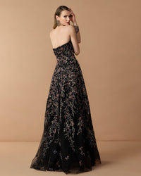 Mac Duggal #21281 black multi strapless floral embroidered a-line gown back view