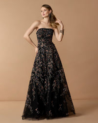 Mac Duggal #21281 black multi strapless floral embroidered a-line gown lifestyle