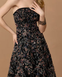 Mac Duggal #21281 black multi strapless floral embroidered a-line gown lifestyle