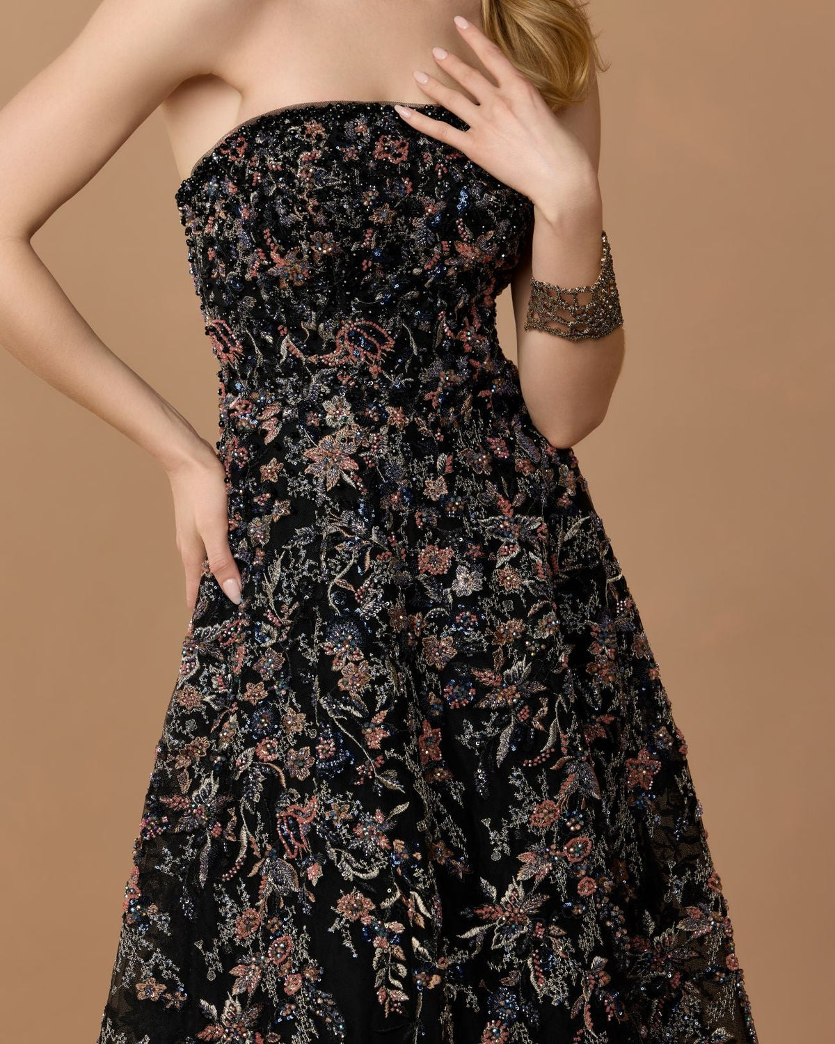 Mac Duggal #21281 black multi strapless floral embroidered a-line gown lifestyle