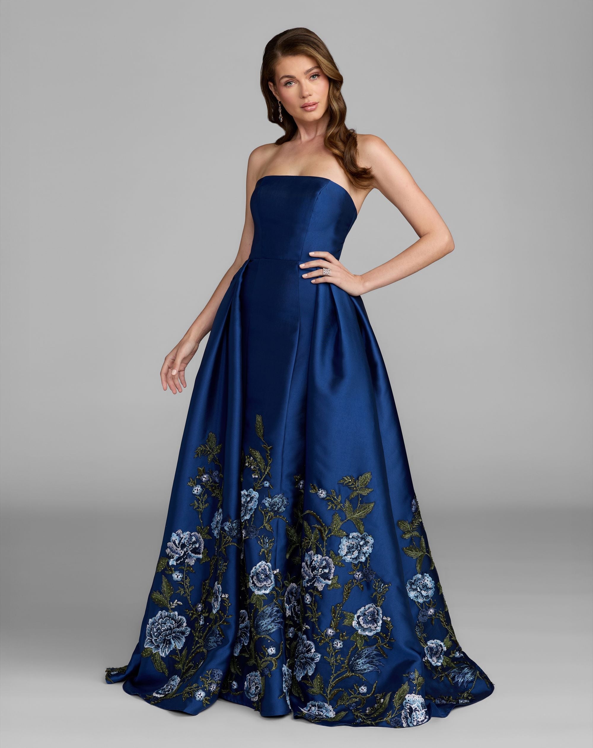 Mac Duggal #21282 Floral Mikado Strapless Ball Gown Midnight Multi