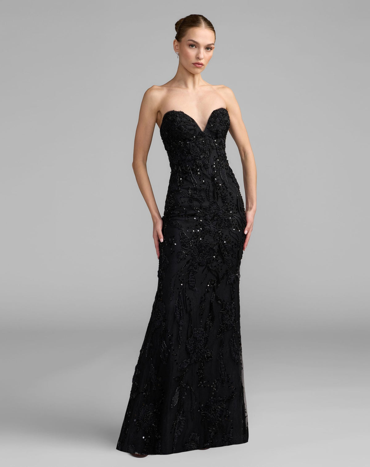 Mac Duggal #21283 black embellished lace strapless sweetheart gown