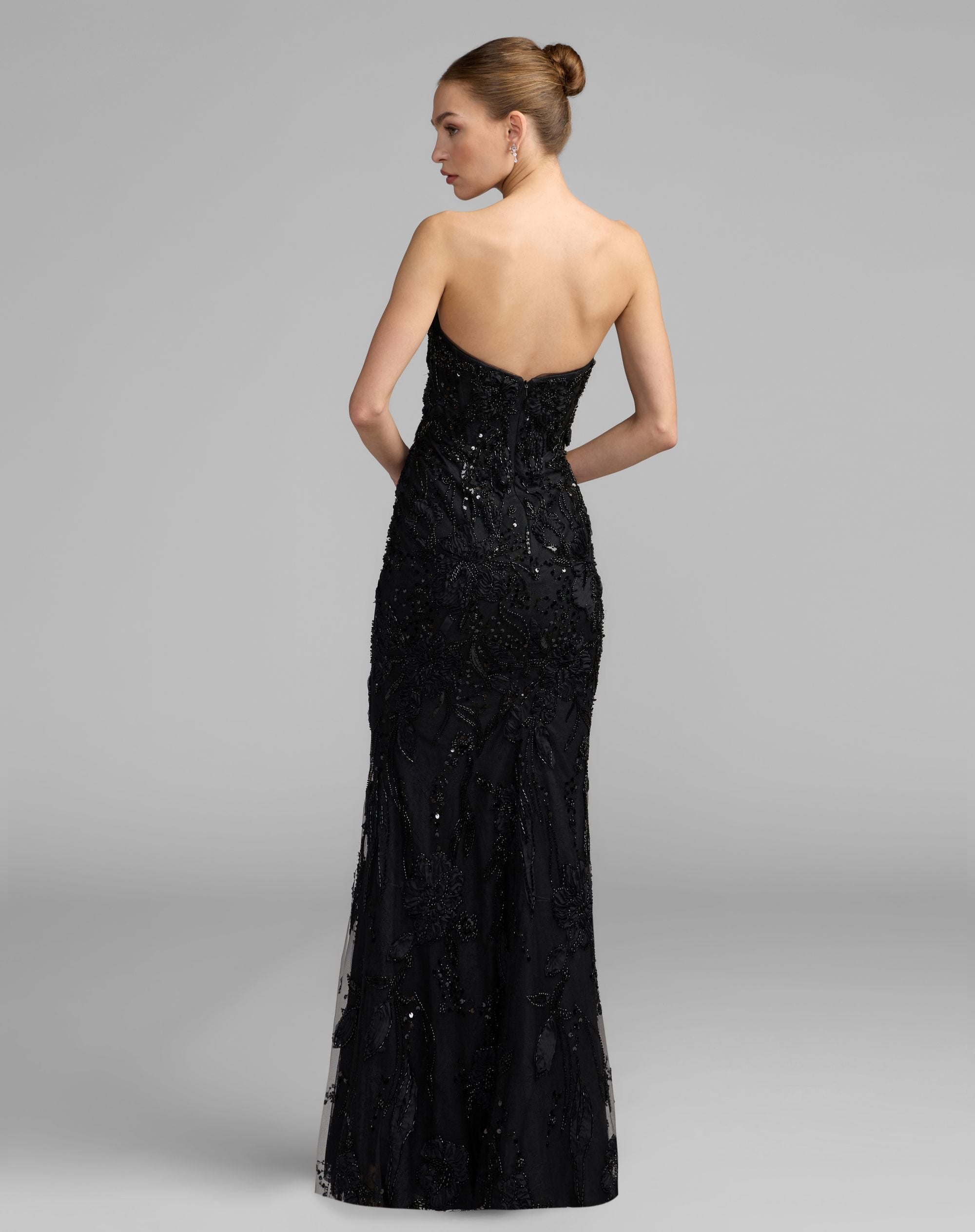 Mac Duggal #21283 black strapless mermaid gown back view