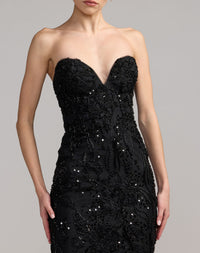 Mac Duggal #21283 black 3D rosette beaded bodice close up
