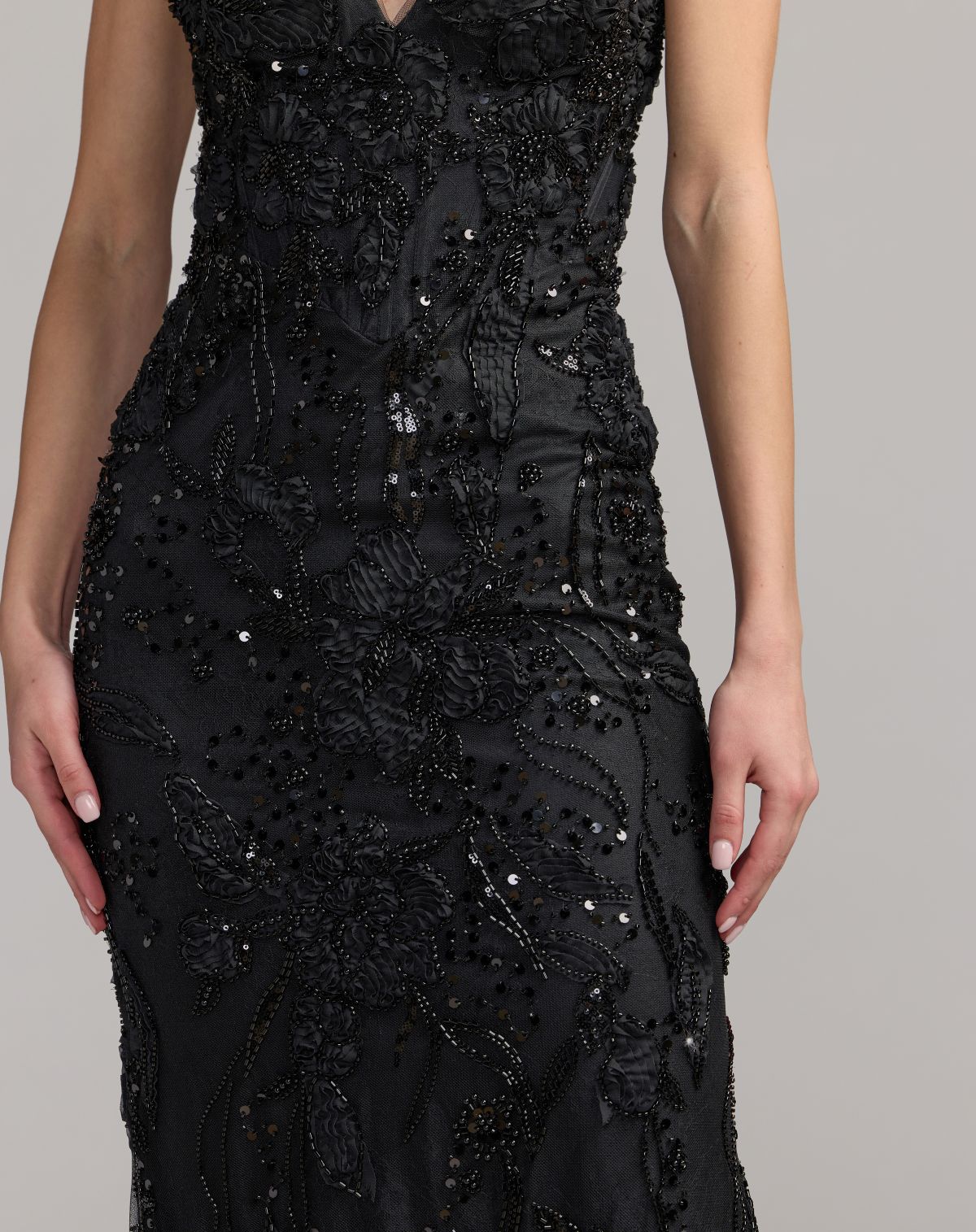Mac Duggal #21283 black floral beading and sequin detail
