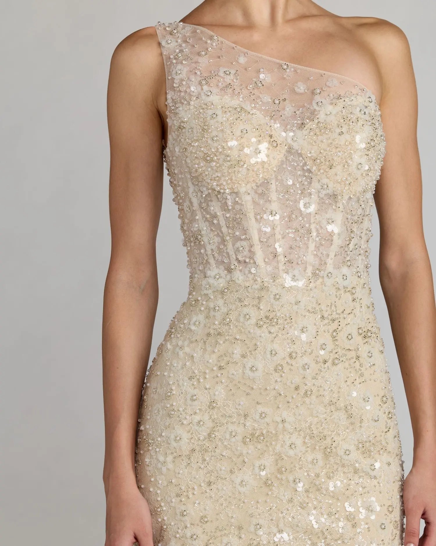 Mac Duggal Beige Embellished One Shoulder Column Gown #21287 Oyster Nude Bodice Gown