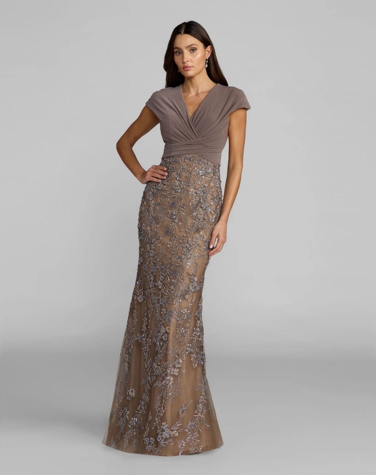Mac Duggal Taupe Multi Jersey Faux Wrap Top Sequin Skirt Gown #21291