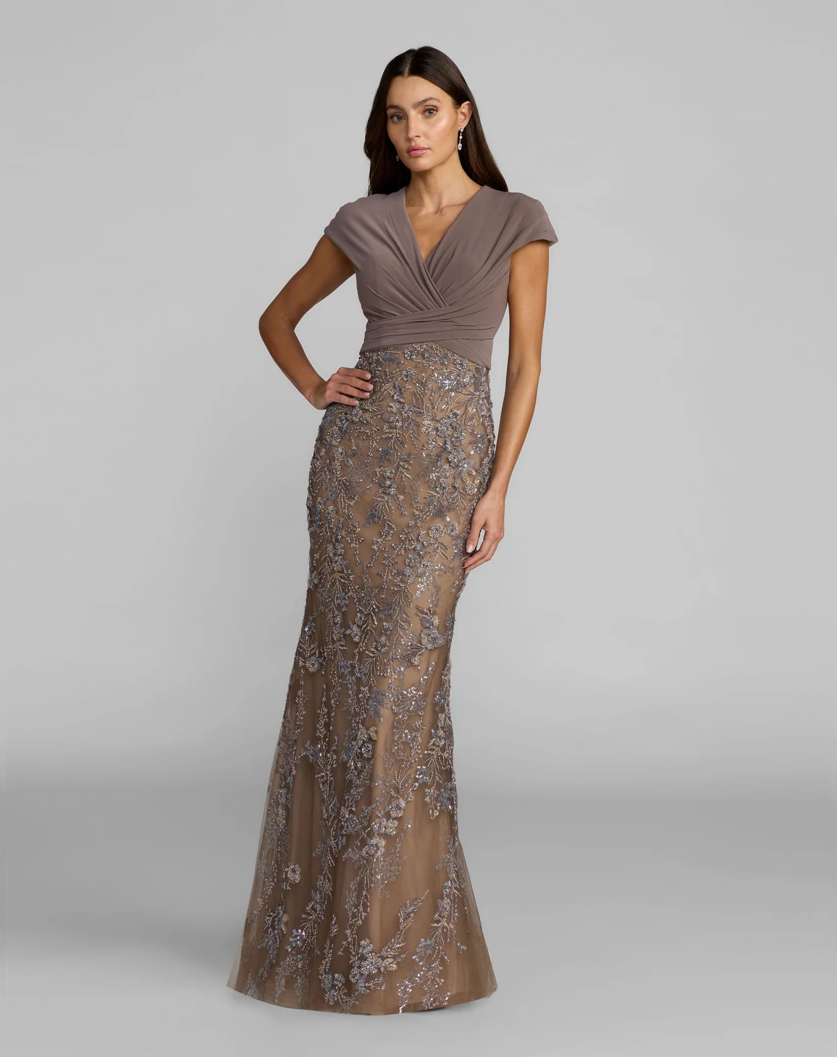 Mac Duggal Taupe Multi Jersey Faux Wrap Top Sequin Skirt Gown #21291