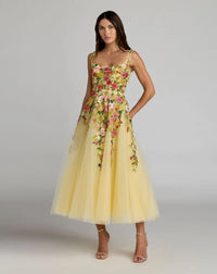 Mac Duggal Yellow Embroidered Tulle A-Line Midi Dress #21294 