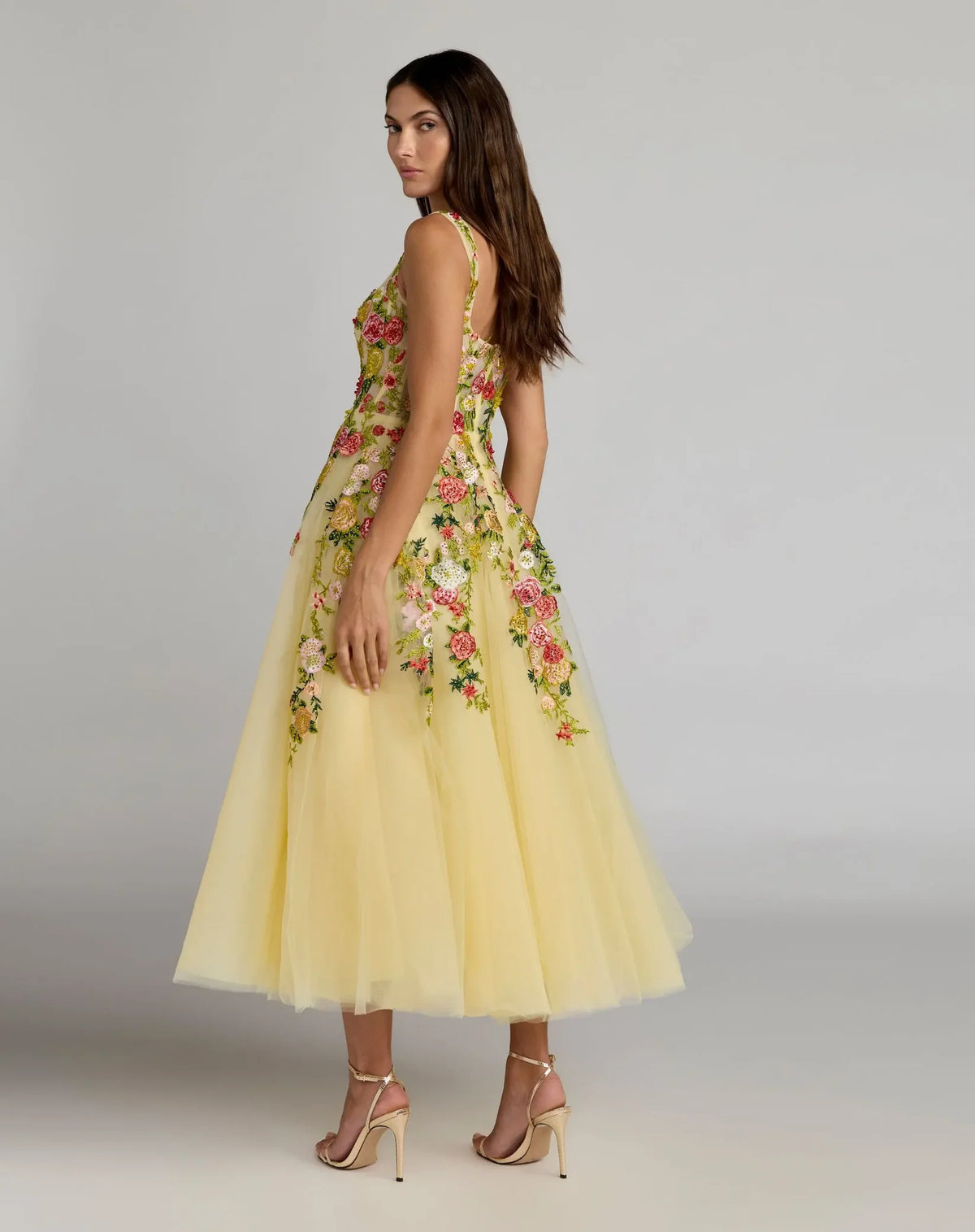 Mac Duggal Yellow Embroidered Tulle A-Line Midi Dress #21294 