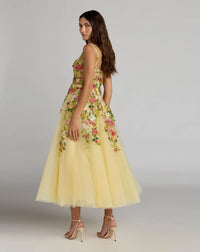 Mac Duggal Yellow Embroidered Tulle A-Line Midi Dress #21294 