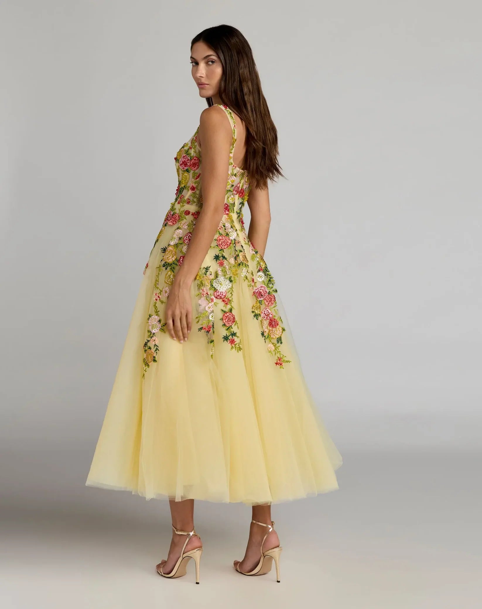 Mac Duggal Yellow Embroidered Tulle A-Line Midi Dress #21294 