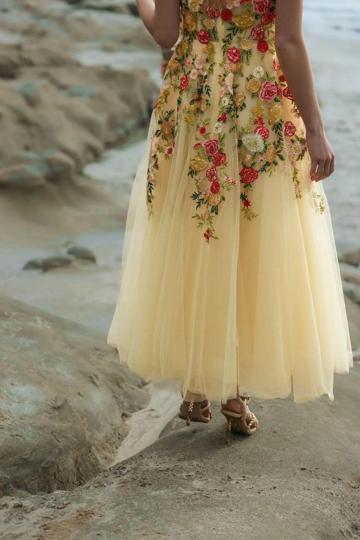 Mac Duggal Yellow Embroidered Tulle A-Line Midi Dress #21294 